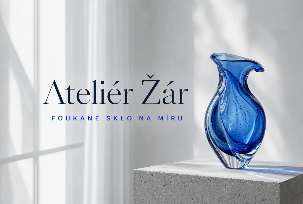 Ateliér Žár — kobaltová foukaná váza na kamenném podstavci
