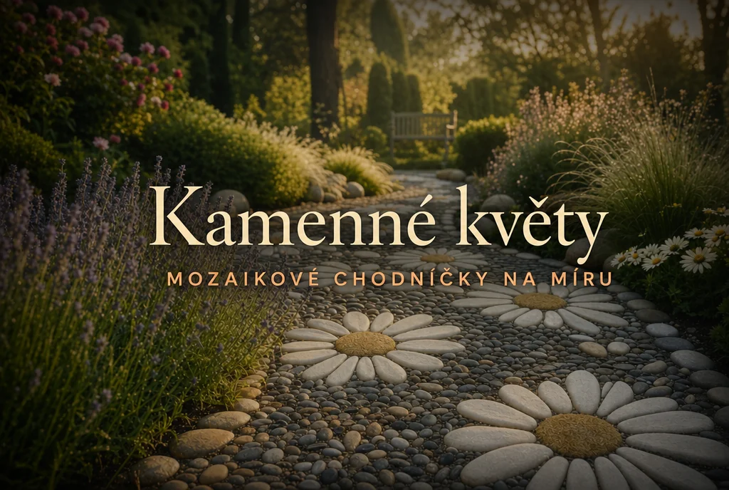 Kamenné květy — sluncem zalitá zahrada s kopretinovou oblázkovou mozaikou