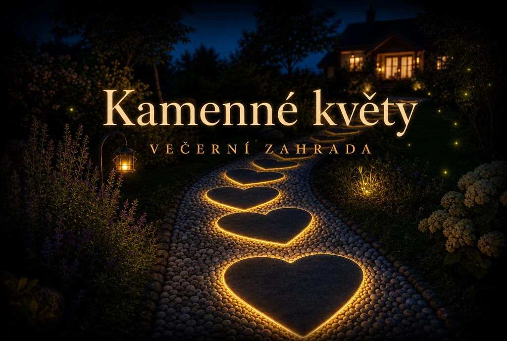 Kamenné květy — Večerní zahrada se svítícími srdíčkovými kameny