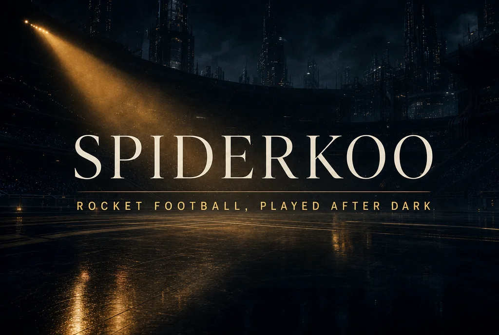 Spiderkoo — Midnight Pitch cover: a black rocket car under a golden floodlight in a night stadium